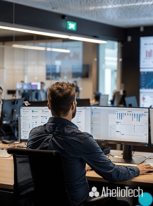 Team collaborating around a digital interface, showcasing the benefits of Managed Microsoft Copilot Services for AI-driven ou